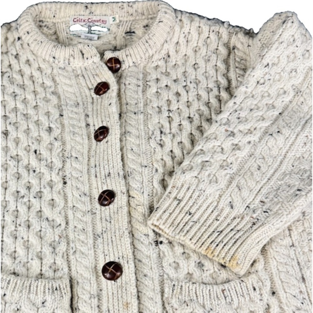 Vintage 90s Celtic Country Wool Aran Knit Sweater Cardigan Mens M Made Ireland